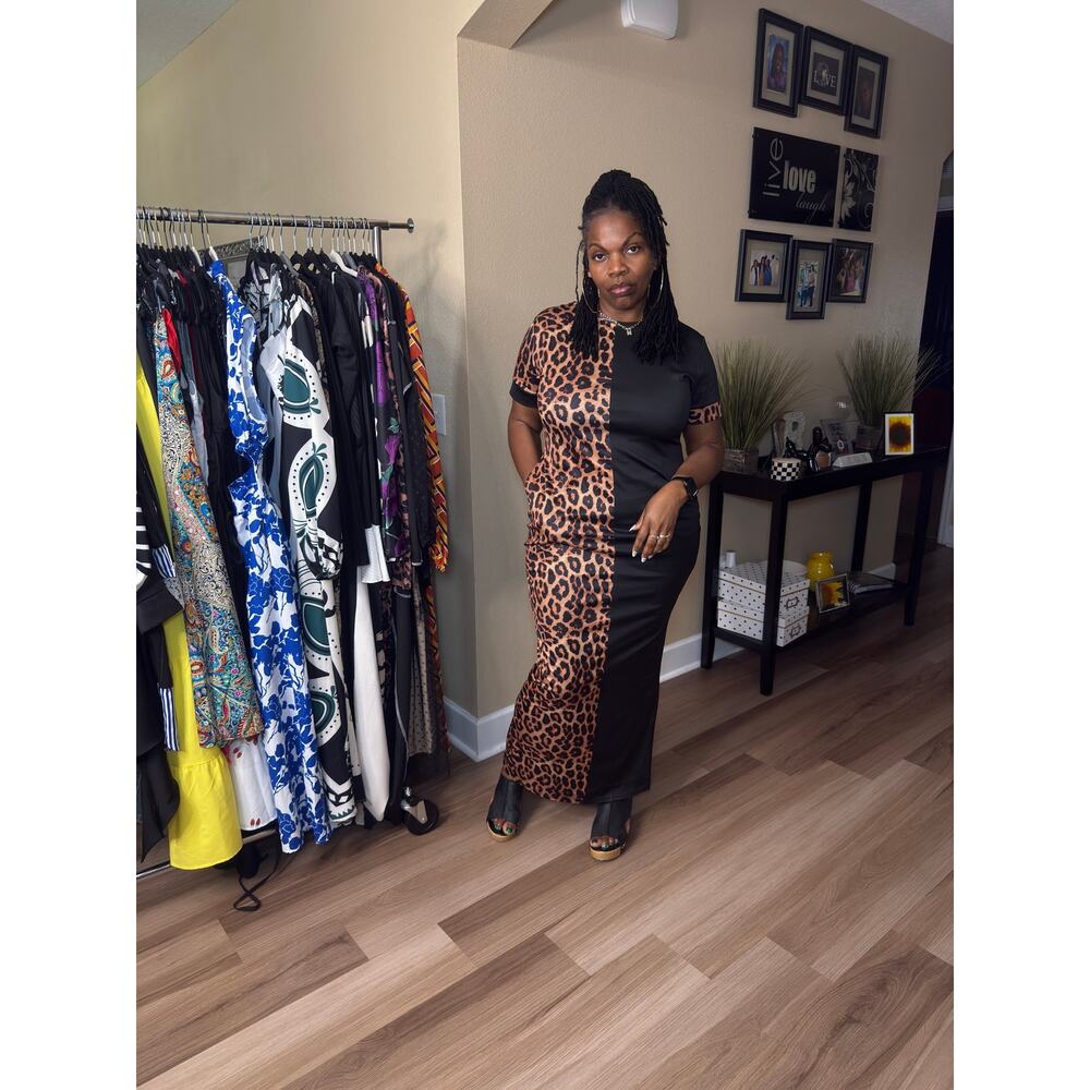 Womens Leopard Print Maxi Bodycon Club Midi Dress with Pockets Size: 2XL